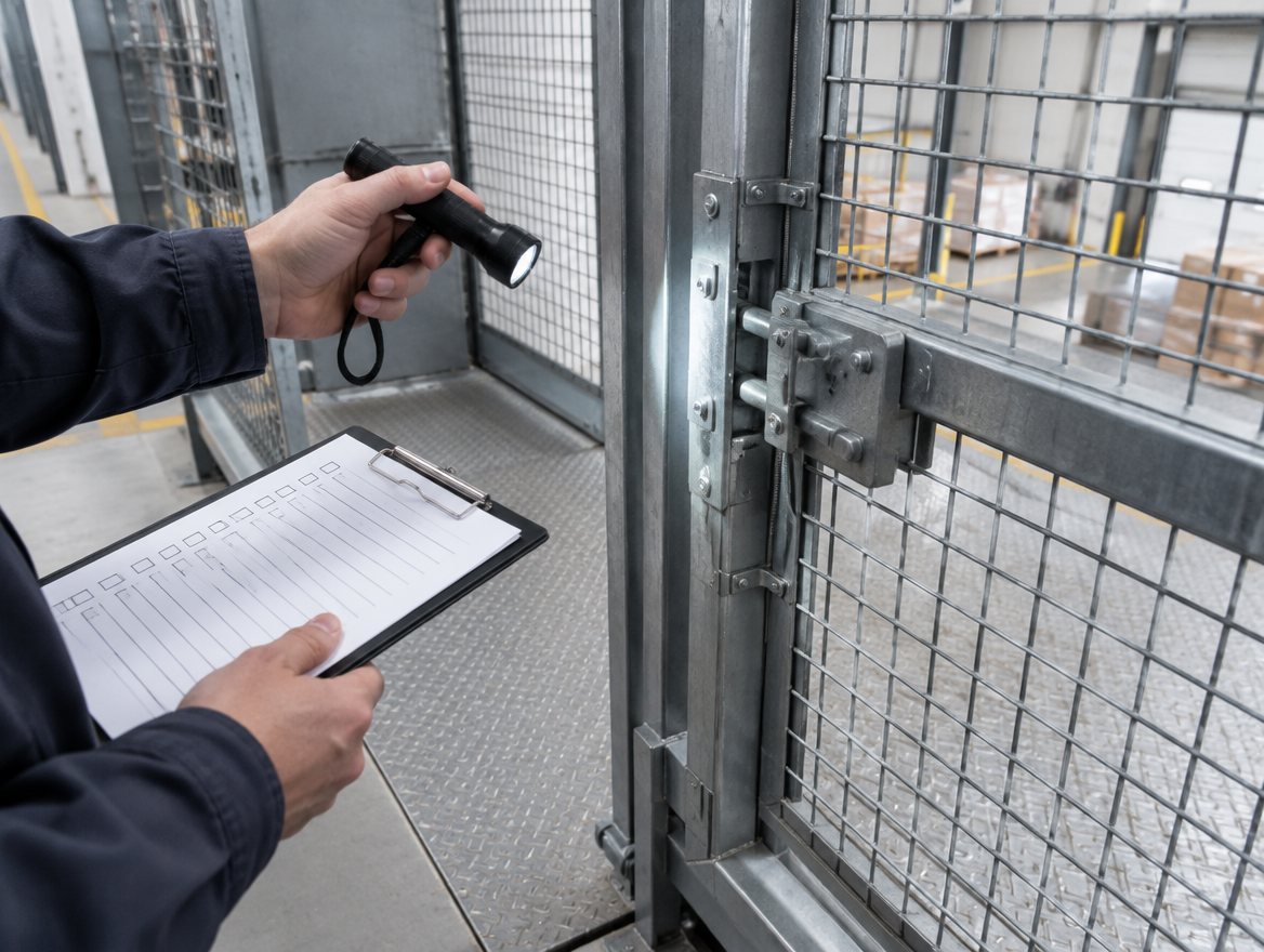 Inspector checking the gate interlock of a material lift with a flashlight and checklist