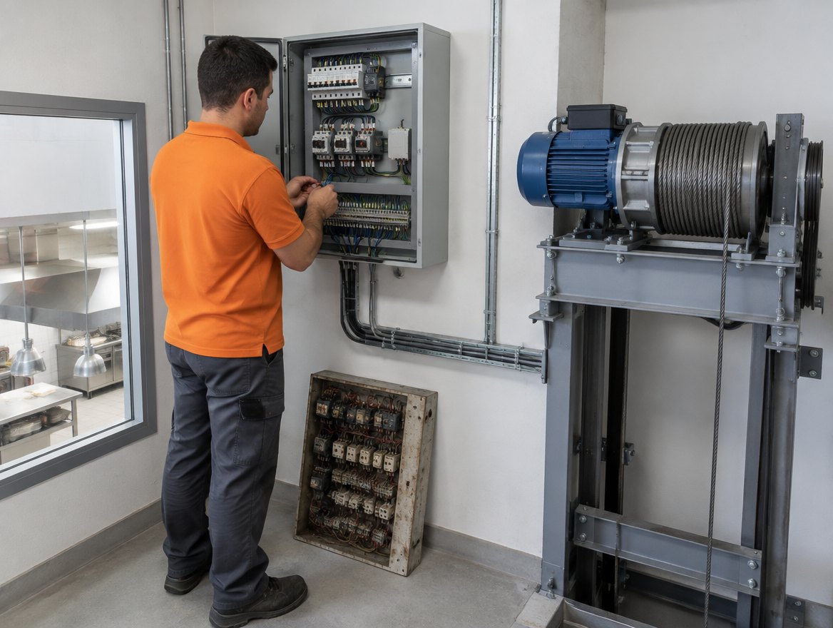 Technician wiring a new controller next to the hoist machine of a dumbwaiter