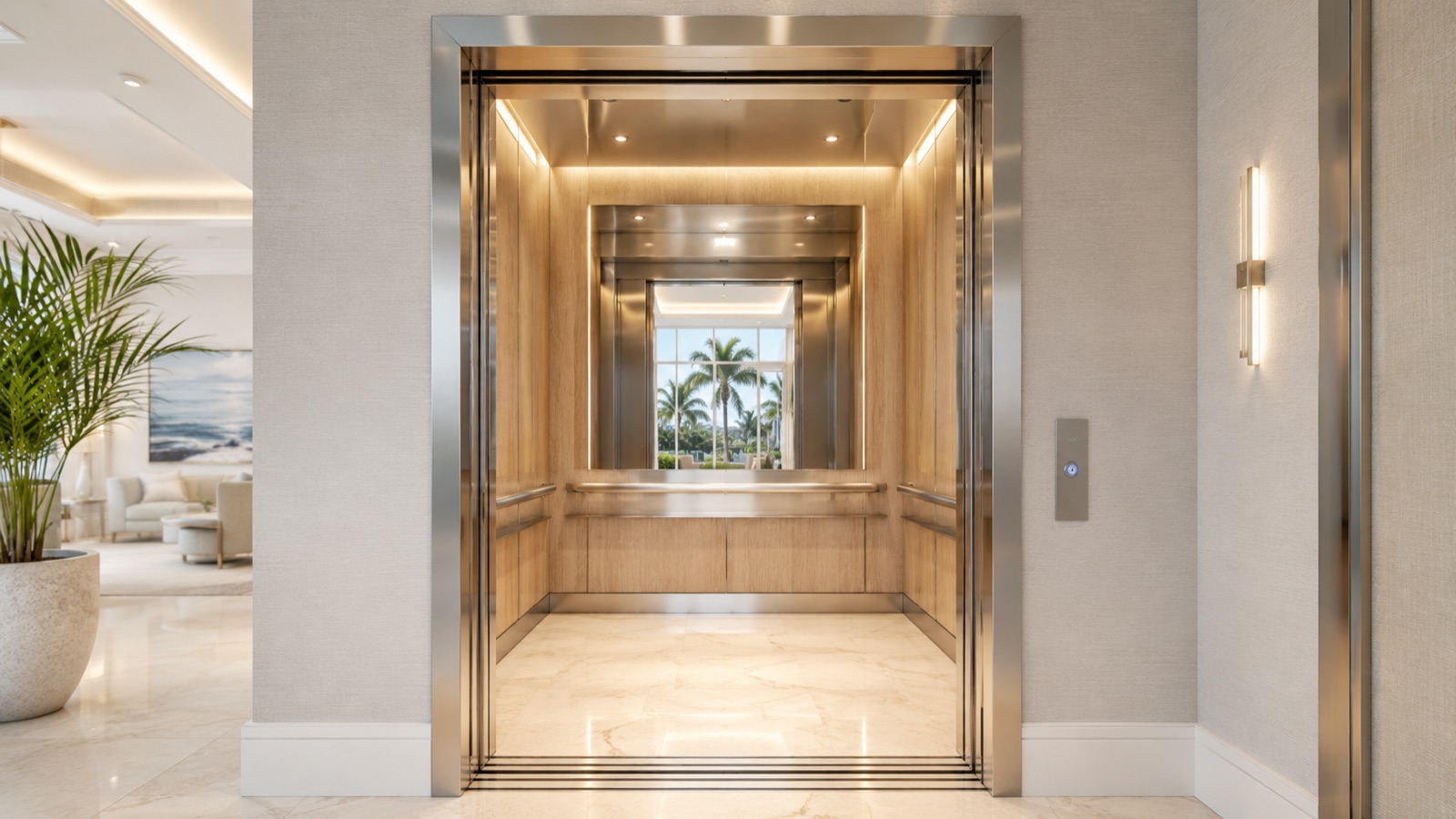 Modern wood and steel elevator cabin interior in a South Florida building