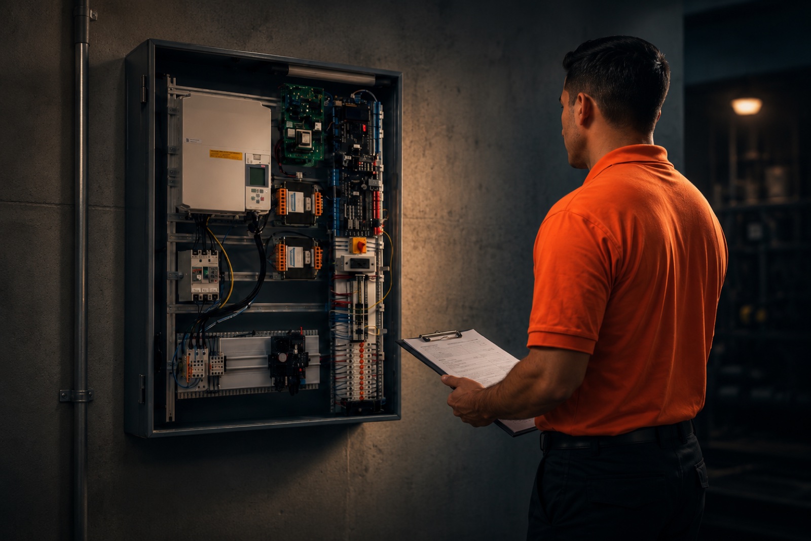 Technician inspecting an elevator control panel against safety codes