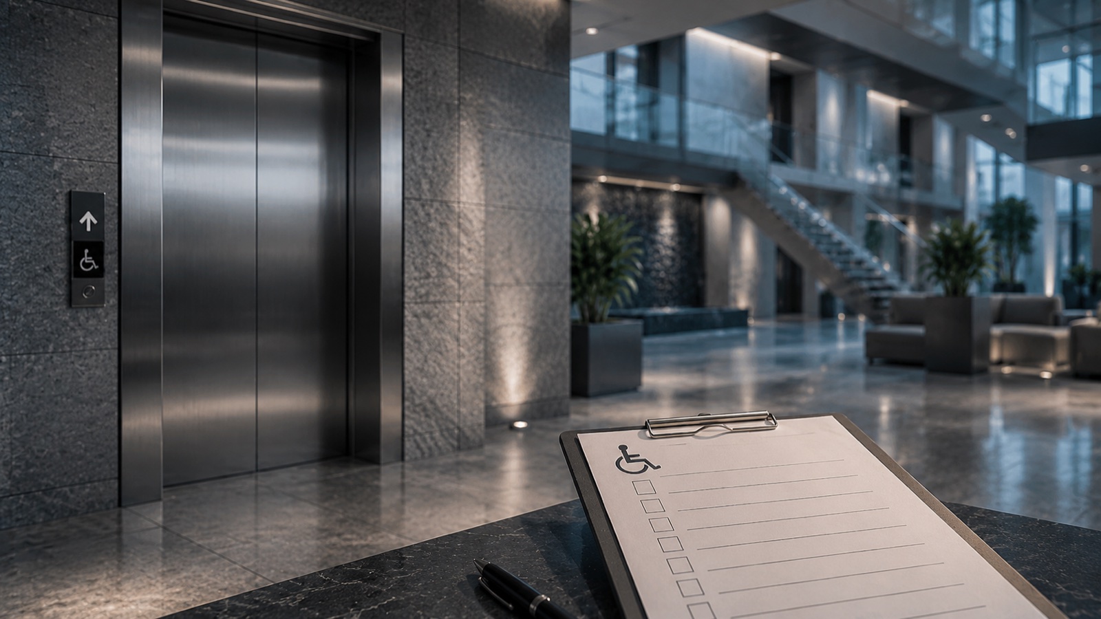 ADA compliance checklist on a clipboard beside an accessible elevator in a lobby