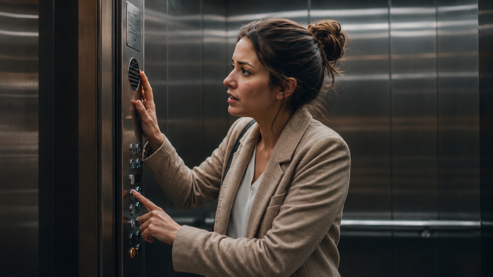 Woman pressing the emergency call button while stuck in an elevator