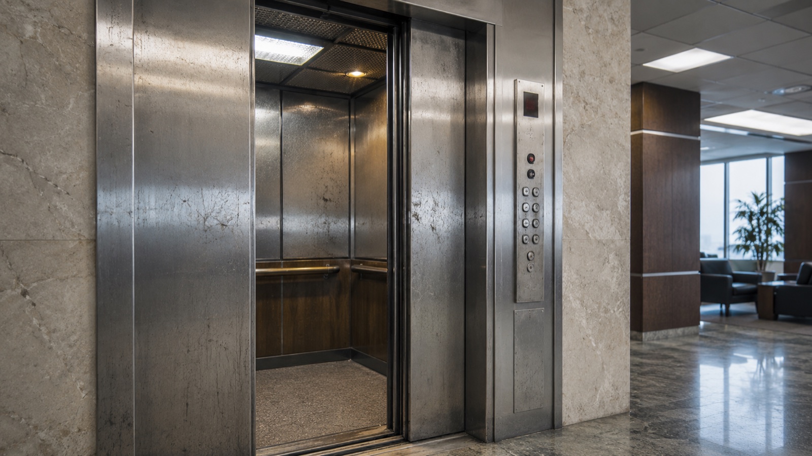Worn stainless steel elevator in an office lobby showing signs it needs modernization
