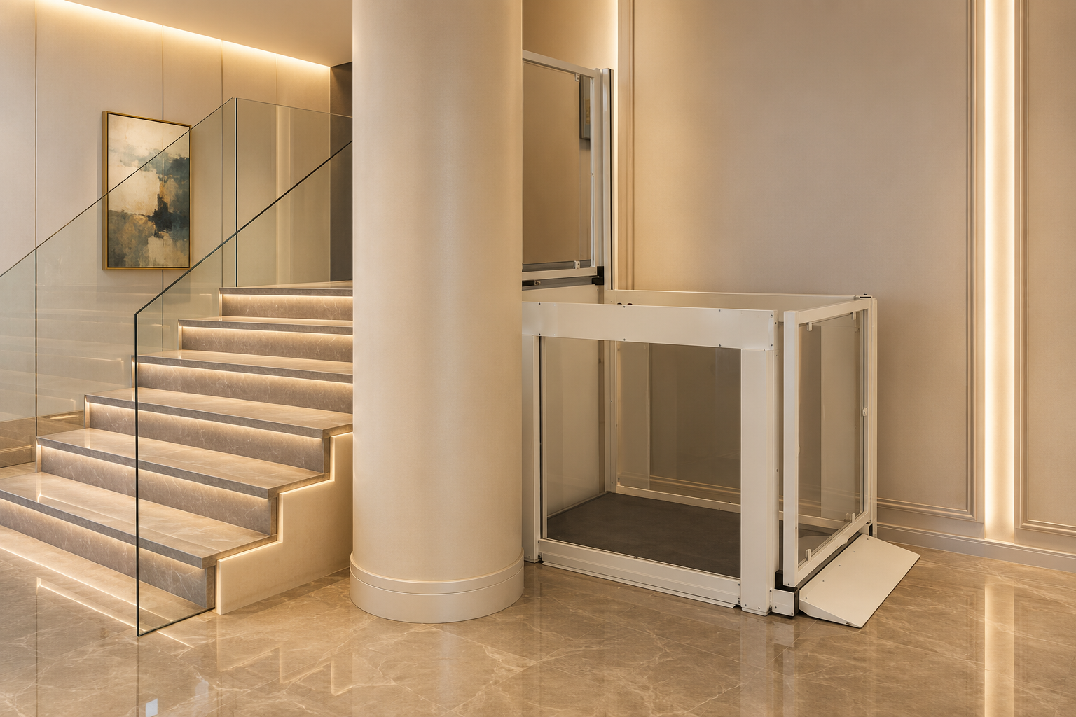 ADA vertical platform lift with clear panels installed beside an illuminated marble staircase in an elegant building lobby