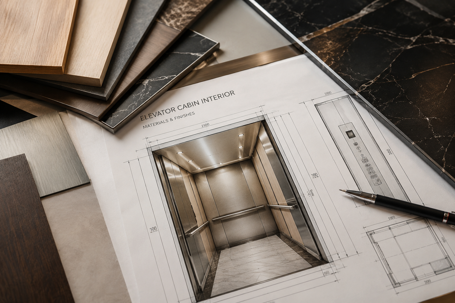 Elevator cabin interior materials and finishes moodboard with wood, marble and brushed metal samples over a technical drawing