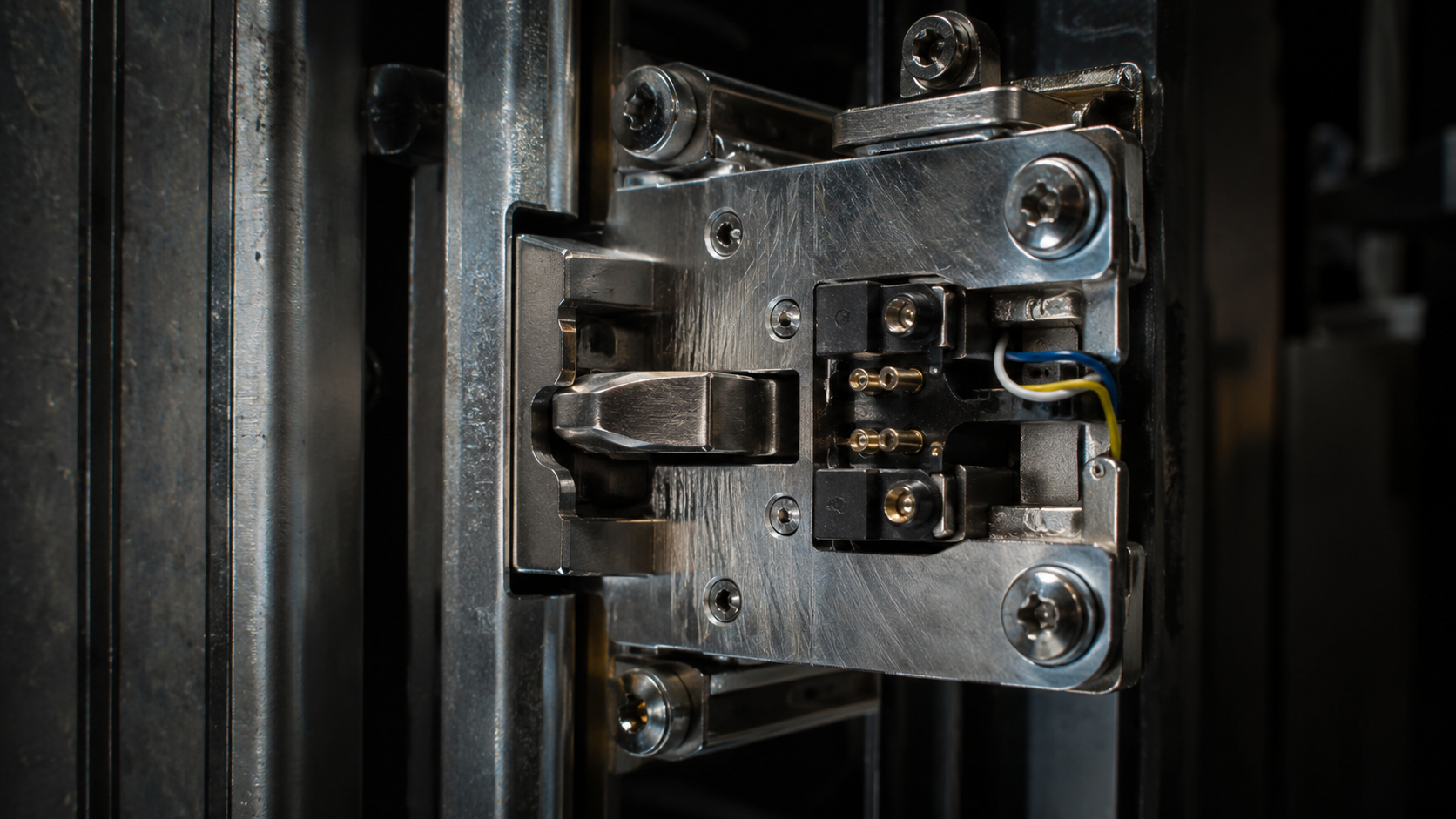 Close-up of an elevator hoistway door interlock mechanism with steel latch and electrical contact points