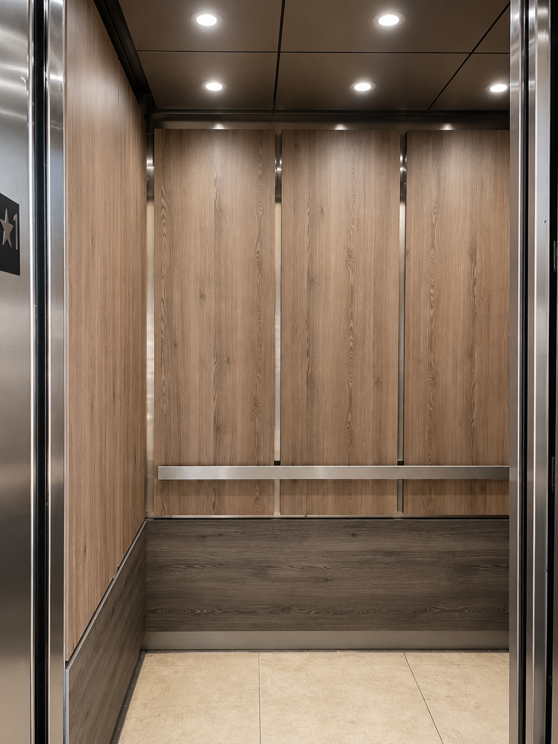 Elevator cab interior with wood laminate panels, stainless steel trim, and handrail at the Blanco Jamis building in Miami