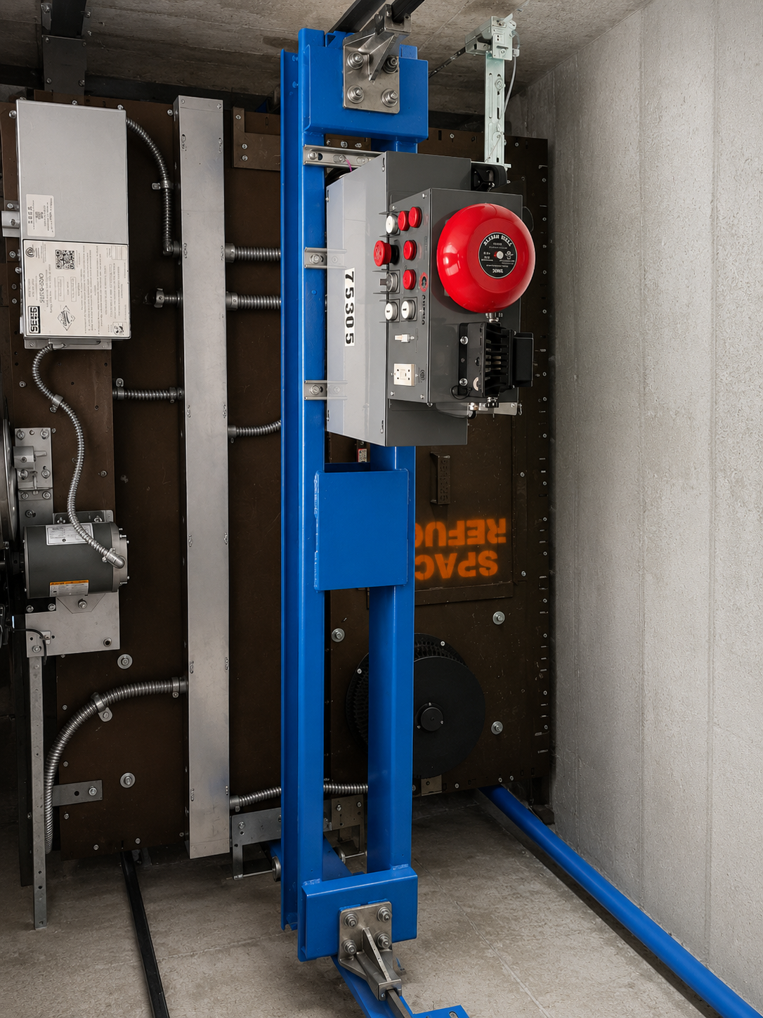 New elevator car top control equipment and alarm bell installed during the Blanco Jamis modernization in Miami