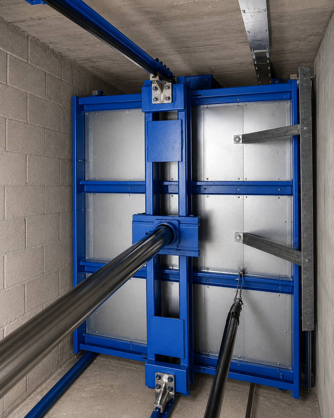 Elevator car sling and hydraulic jack assembly inside the hoistway at the Blanco Jamis building in Miami