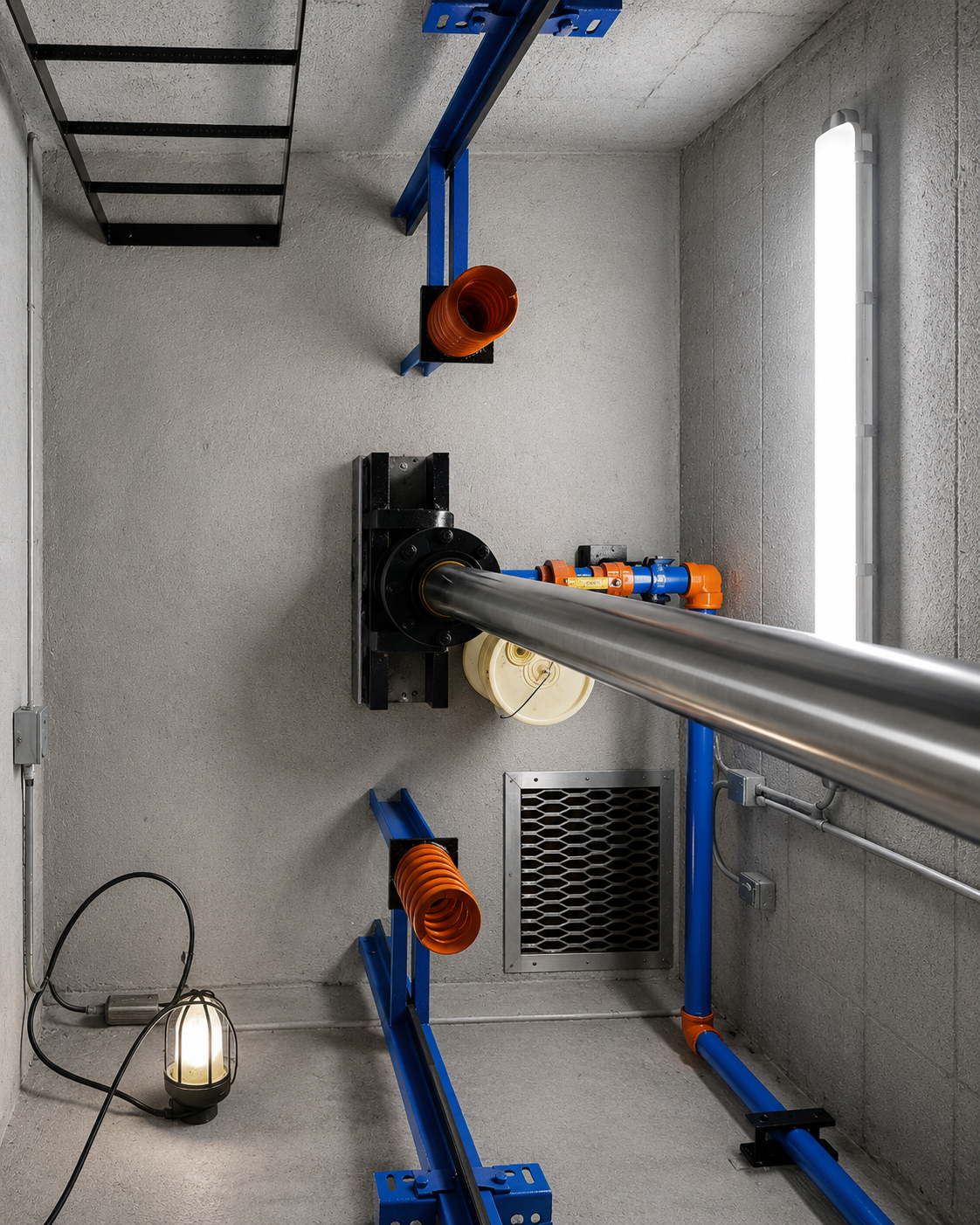 Elevator pit with new buffer springs, steel brackets, and hydraulic jack at the Blanco Jamis building in Miami