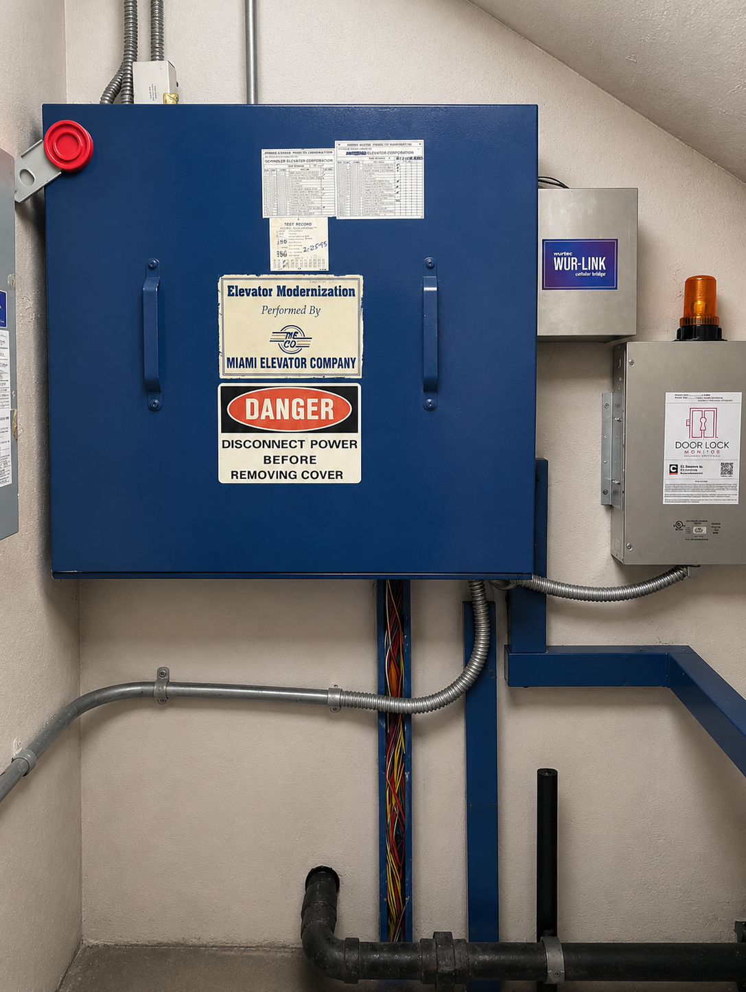 Elevator machine room with controller cabinet and newly installed door lock monitoring device