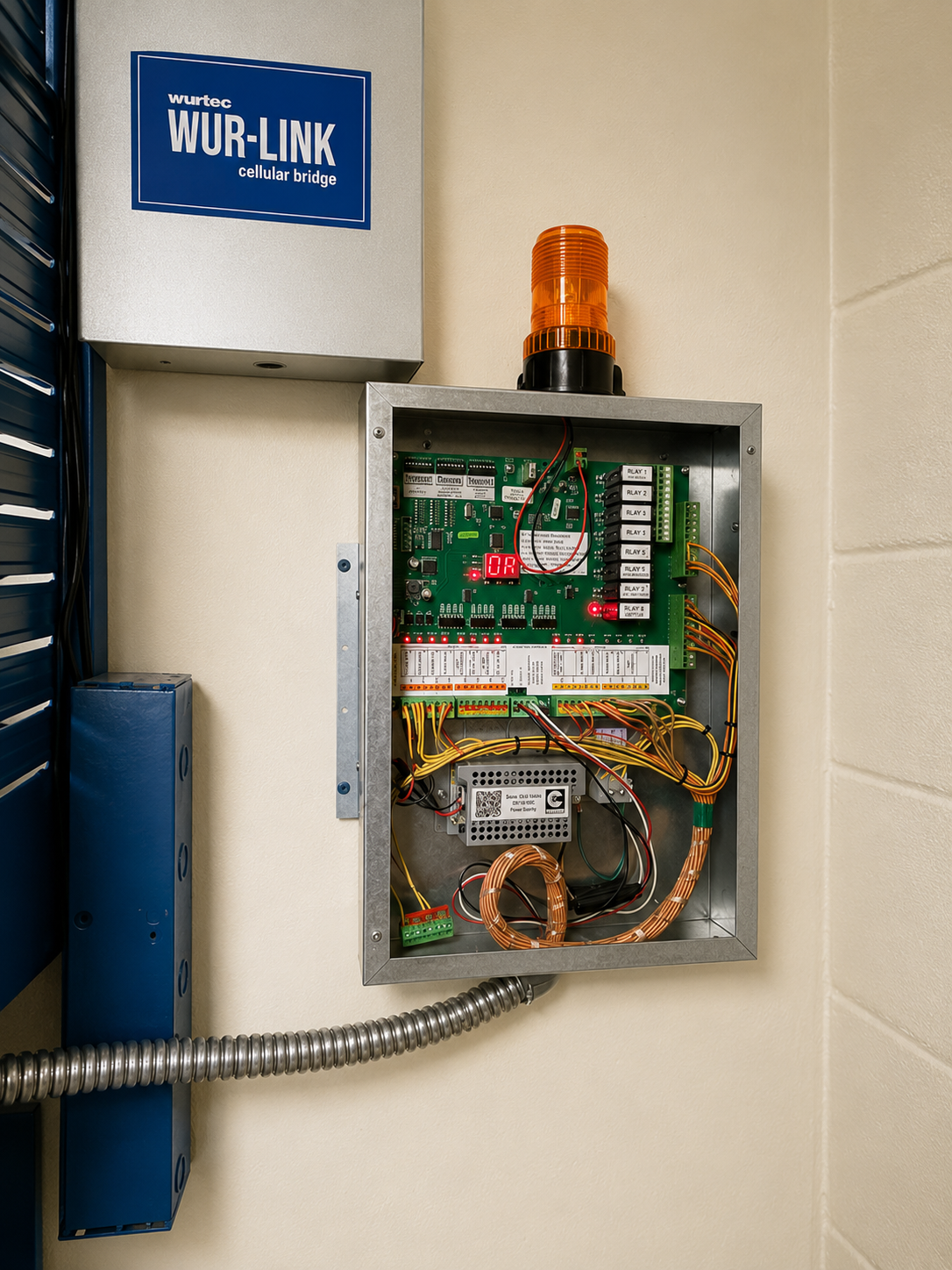 Door lock monitoring unit with signal light and cellular bridge installed beside the elevator equipment
