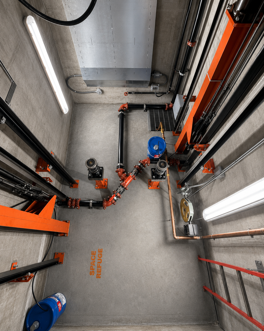 Elevator pit with hydraulic oil piping installed for an in-ground application