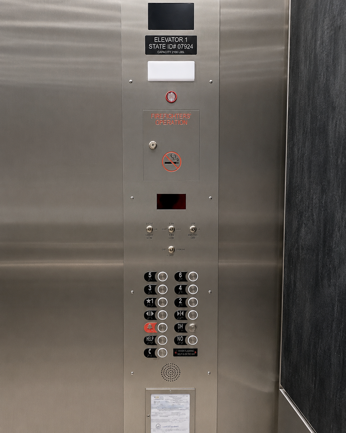 New stainless steel elevator car operating panel with braille buttons and firefighters operation service at Fairways Royale