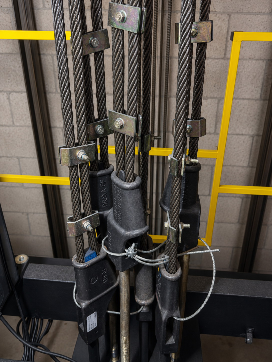 New traction elevator hoist ropes with wedge sockets and rope clamps installed during the Fairways Royale modernization