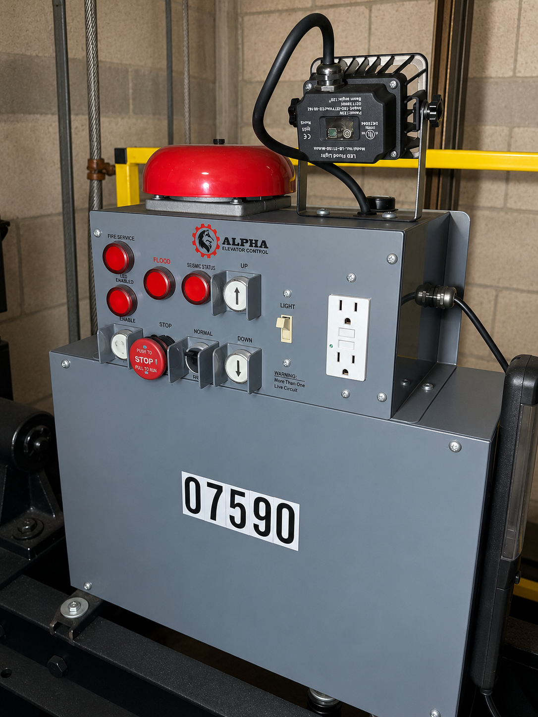 New elevator control station with alarm bell and inspection light in the Fairways Royale machine room