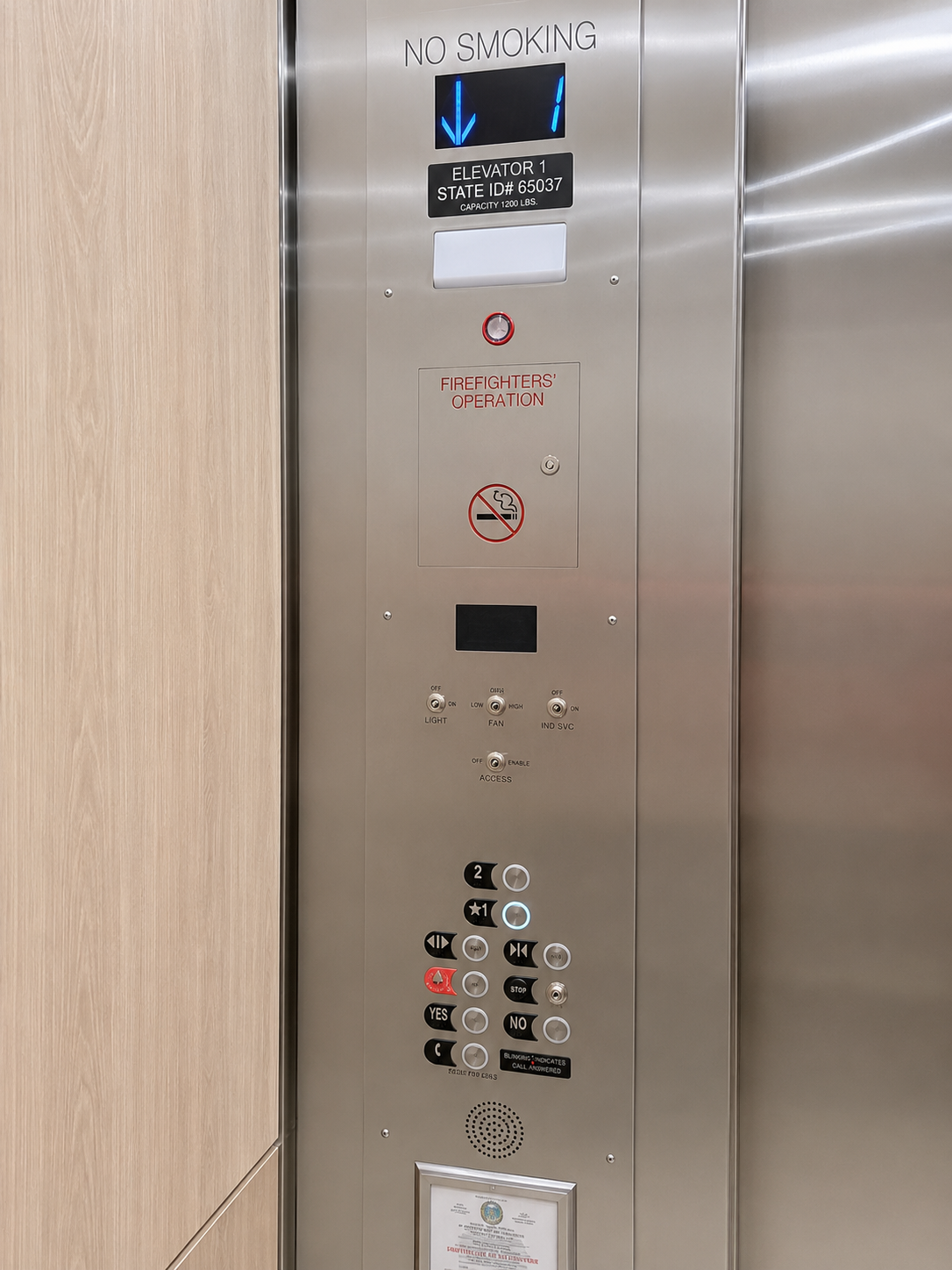 New stainless steel elevator car operating panel with braille buttons and firefighters operation service at 9550 Concourse
