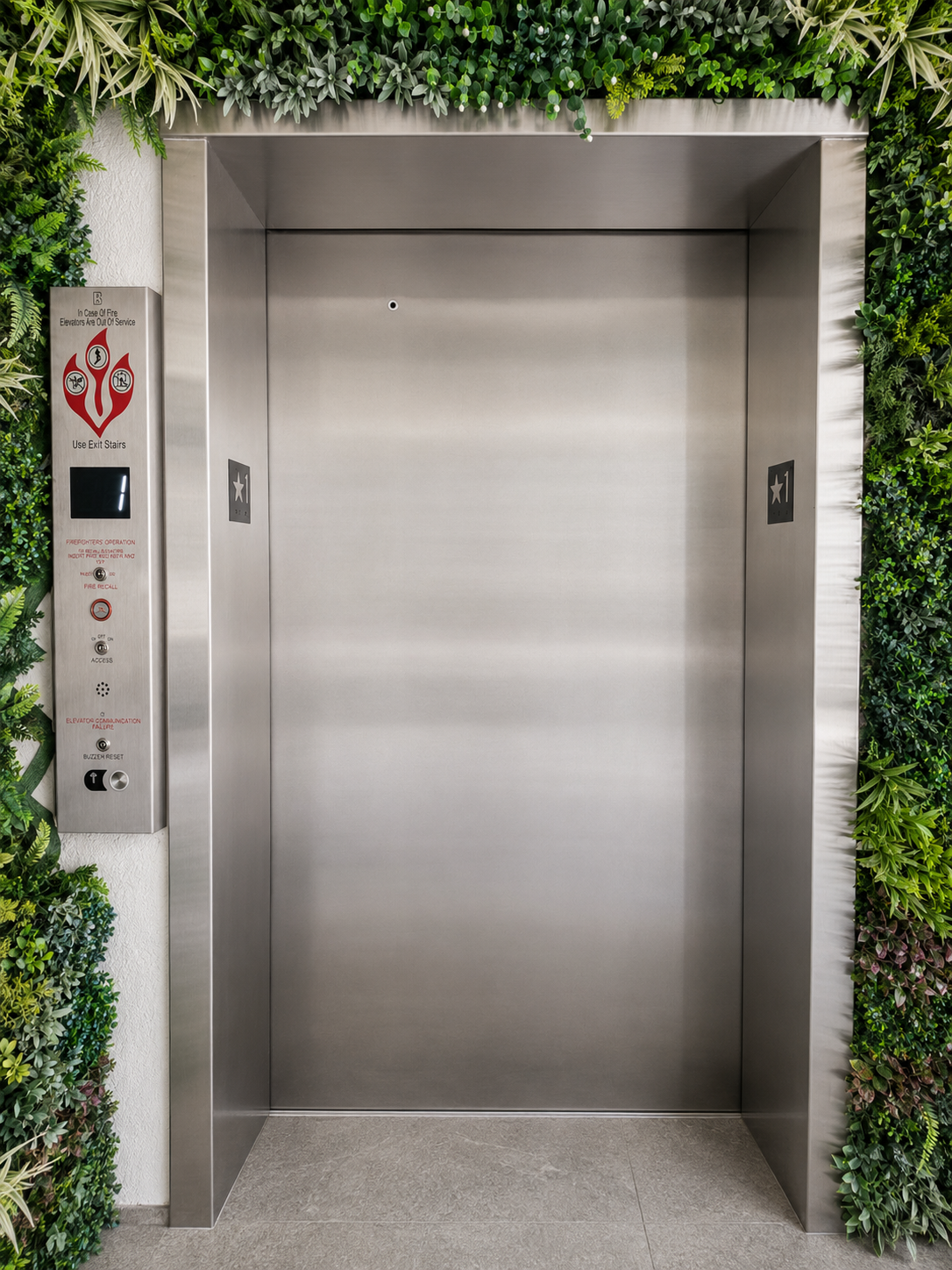 New stainless steel elevator entrance framed by a green plant wall at Prestige District in North Miami
