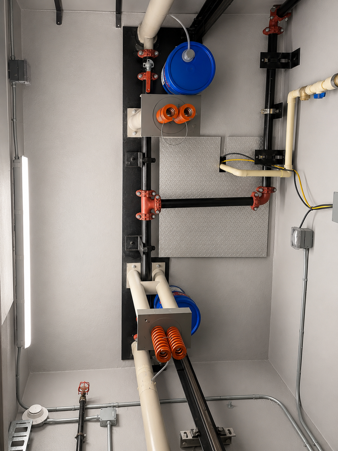 New elevator pit with buffers, hydraulic piping and safety equipment at Rivero Diagnostic Center in Hialeah