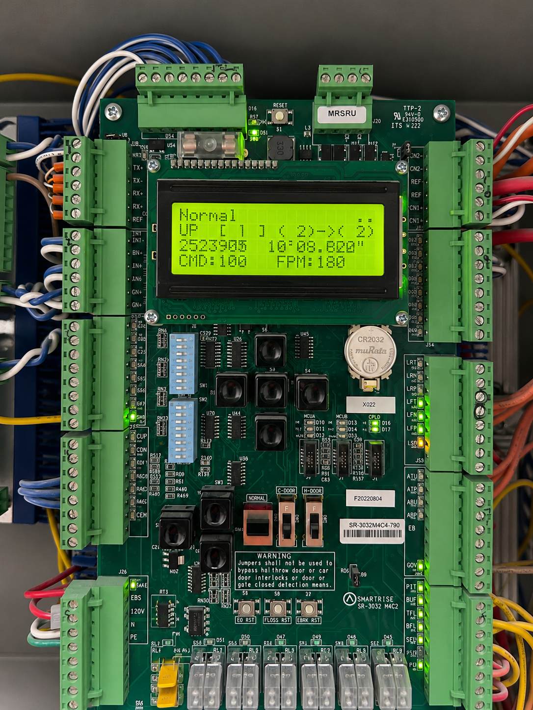 New SmartRise elevator control board showing normal operation at Maiz y Agave restaurant