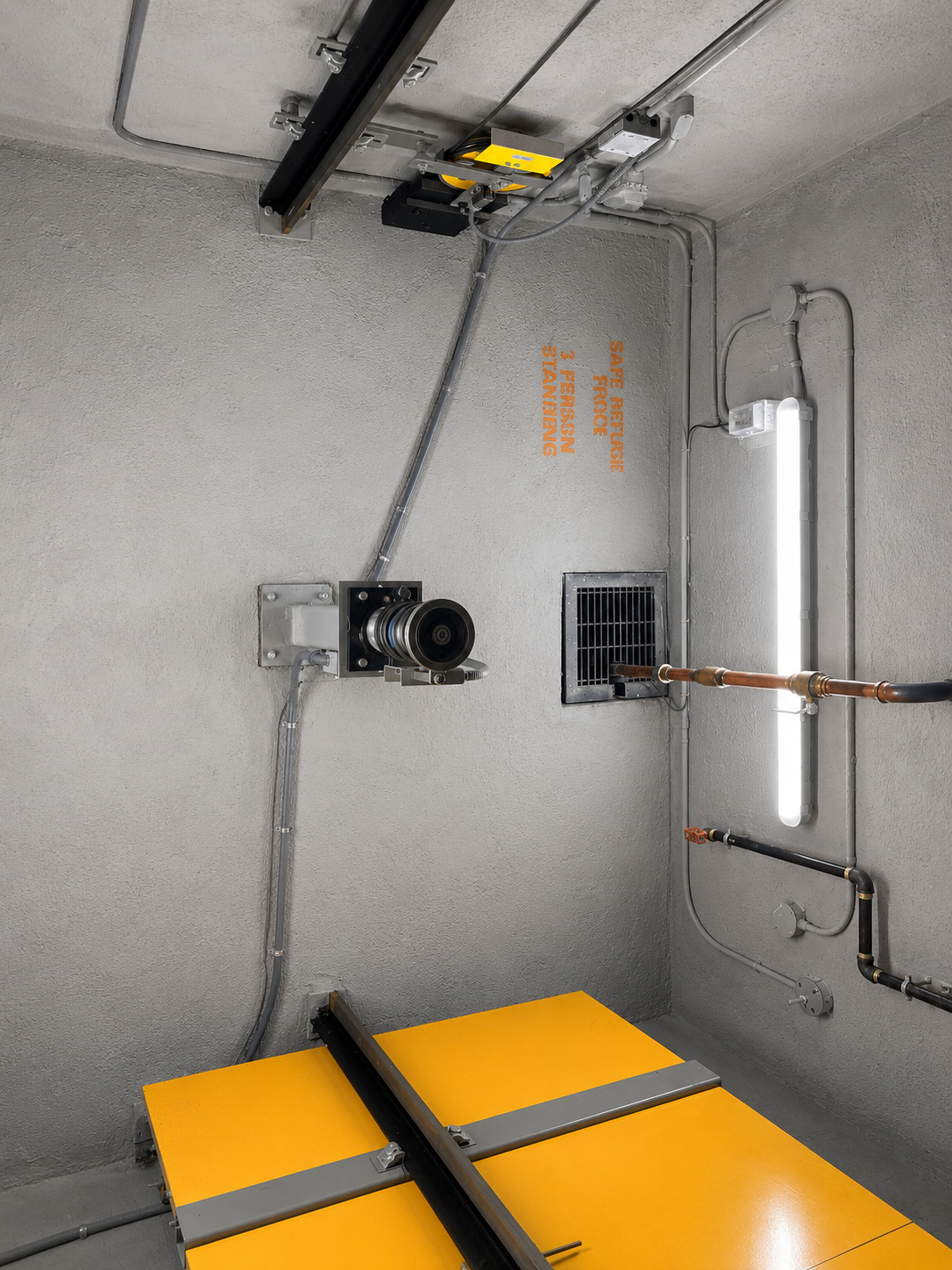 Elevator car top with yellow governor and safe refuge space in the hoistway at Maiz y Agave restaurant