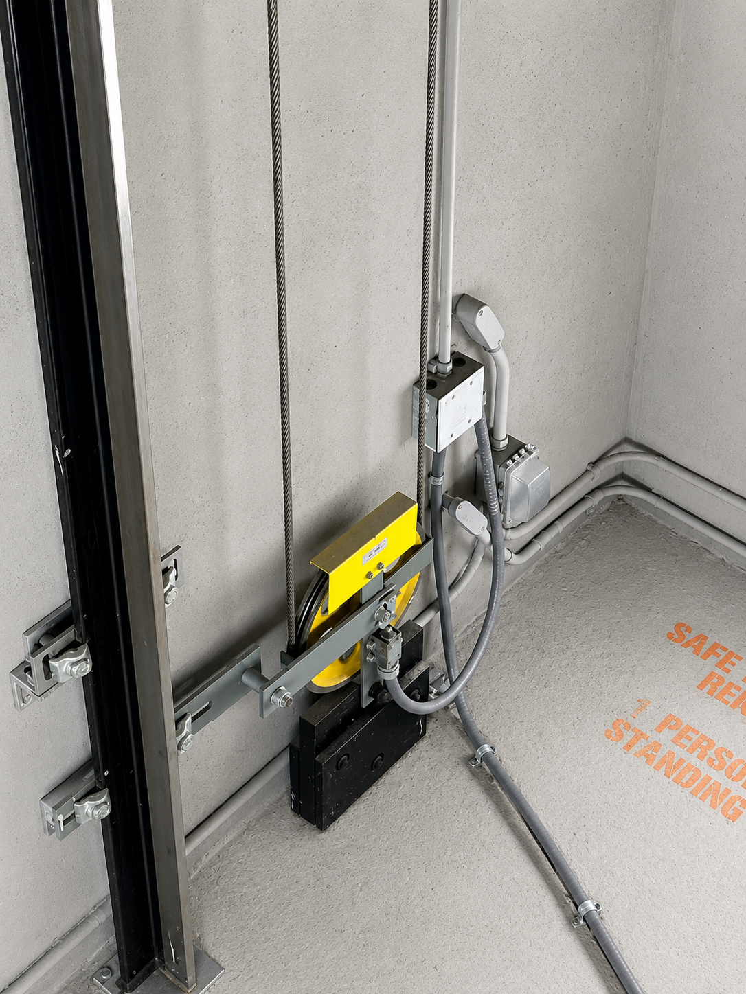 Elevator pit with yellow governor sheave, guide rails and new wiring at Maiz y Agave restaurant