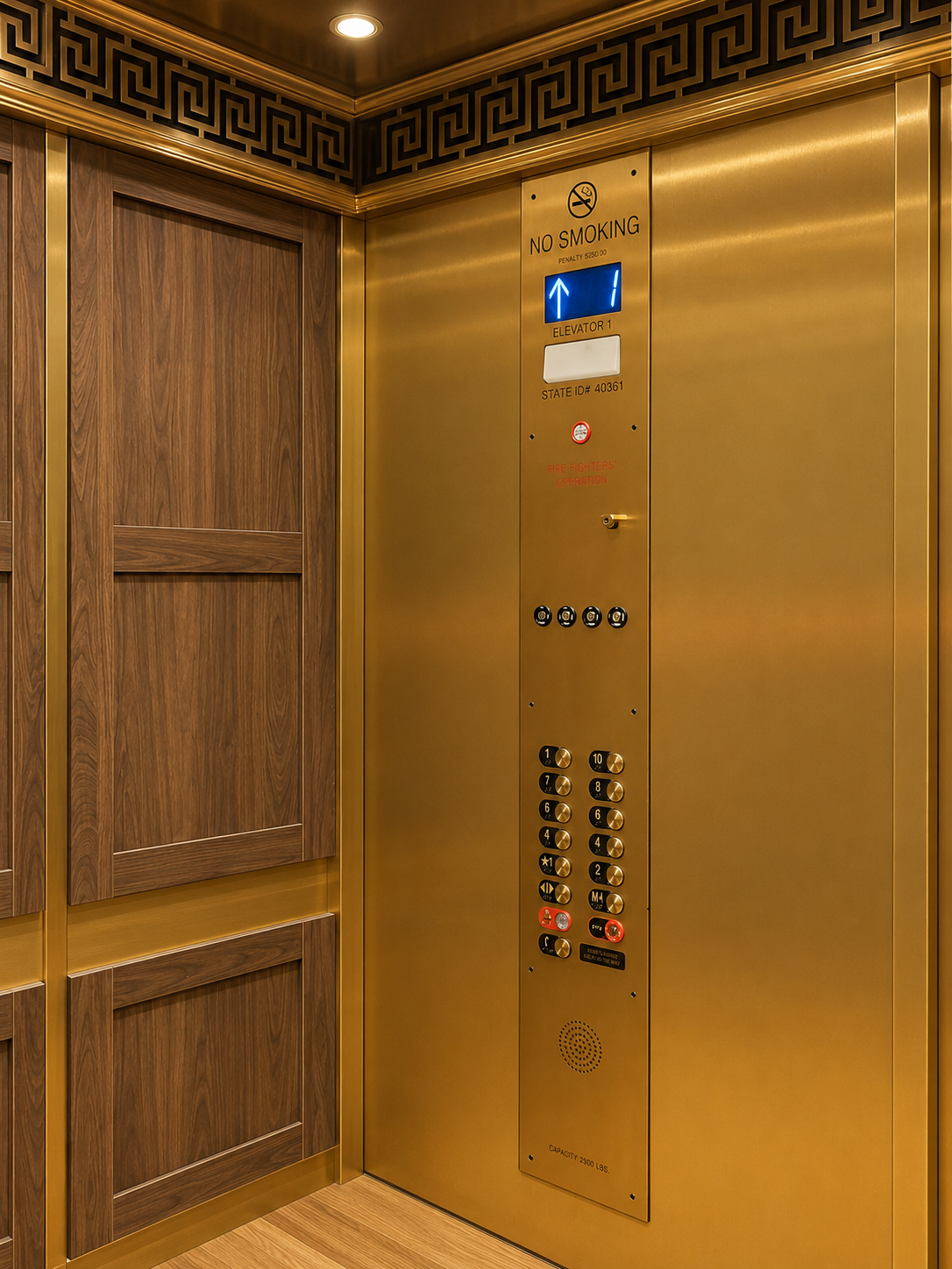 Gold elevator car operating panel serving ten floors with walnut paneling and Greek key trim at Olympia Center