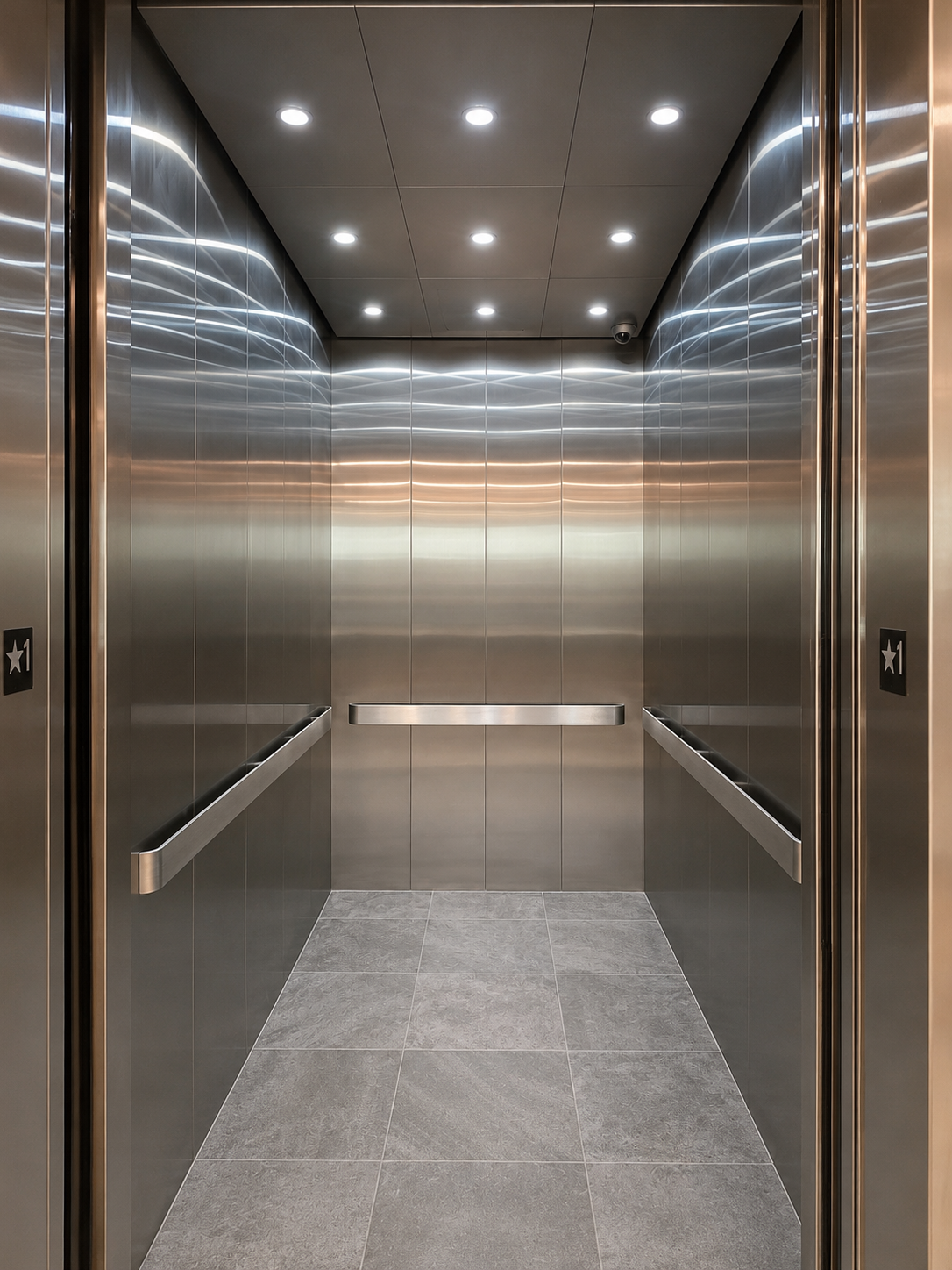 Modern stainless steel elevator cab with handrails, recessed lighting and gray tile floor at Clima Home