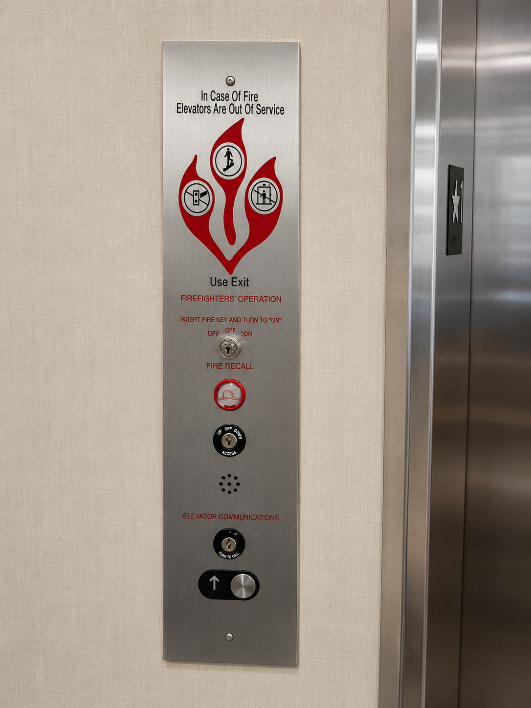Stainless steel firefighters operation and fire recall panel beside the elevator entrance at Clima Home