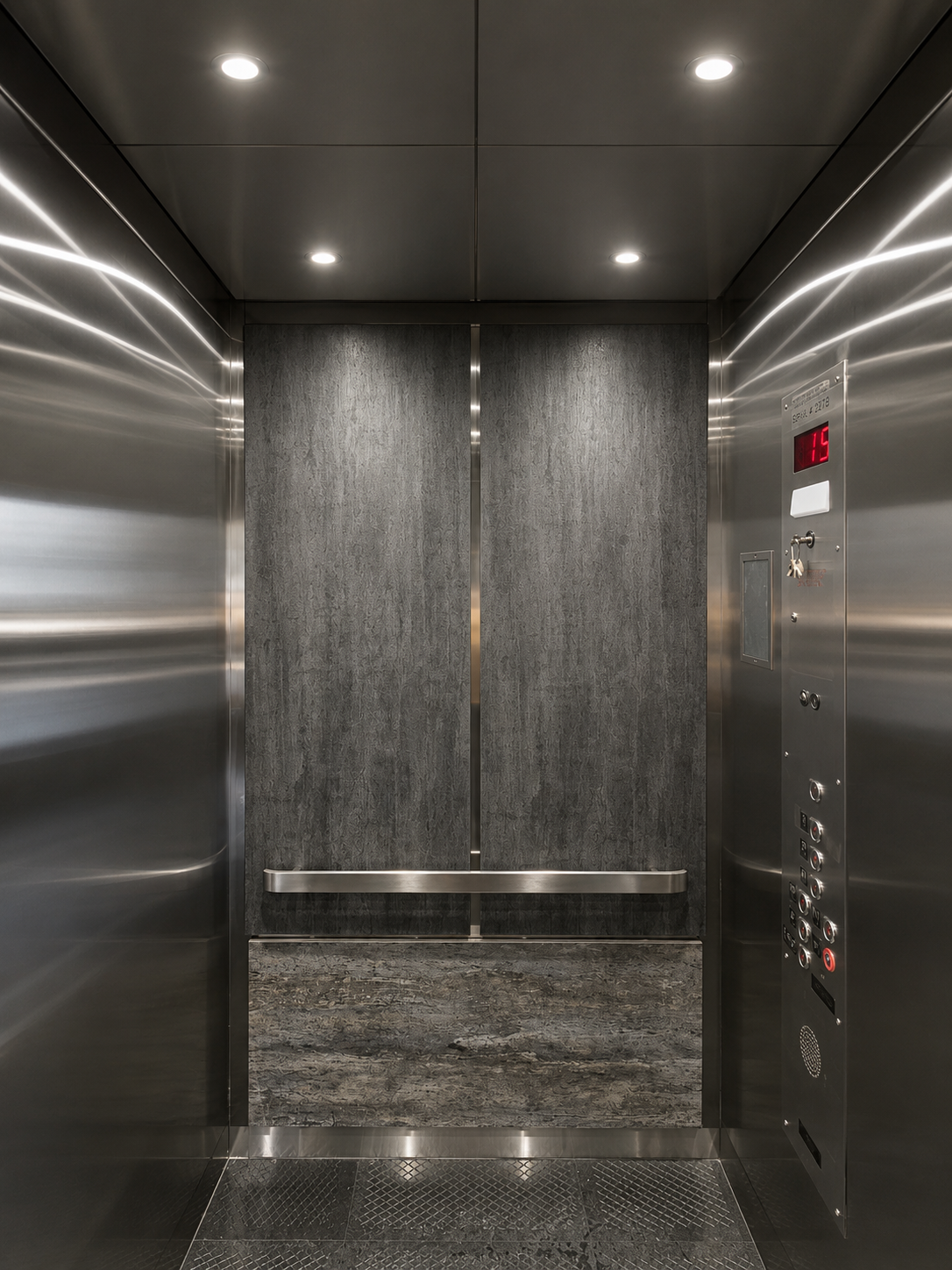 Luxury elevator cab with wooden wall panels, brushed stainless steel and handrail at Mannigan Holdings