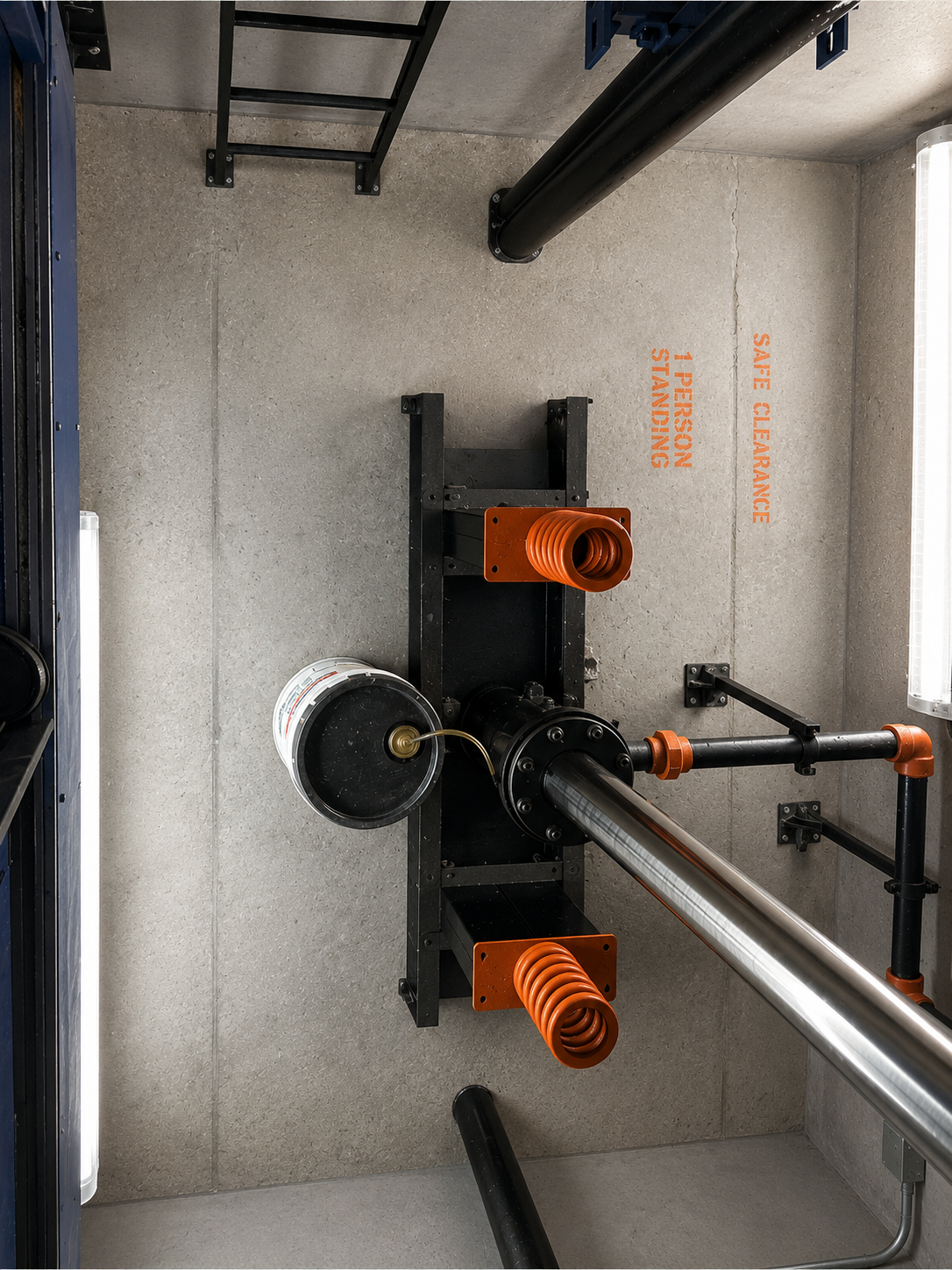 Elevator pit with orange buffer springs, access ladder and safe clearance markings at Mannigan Holdings