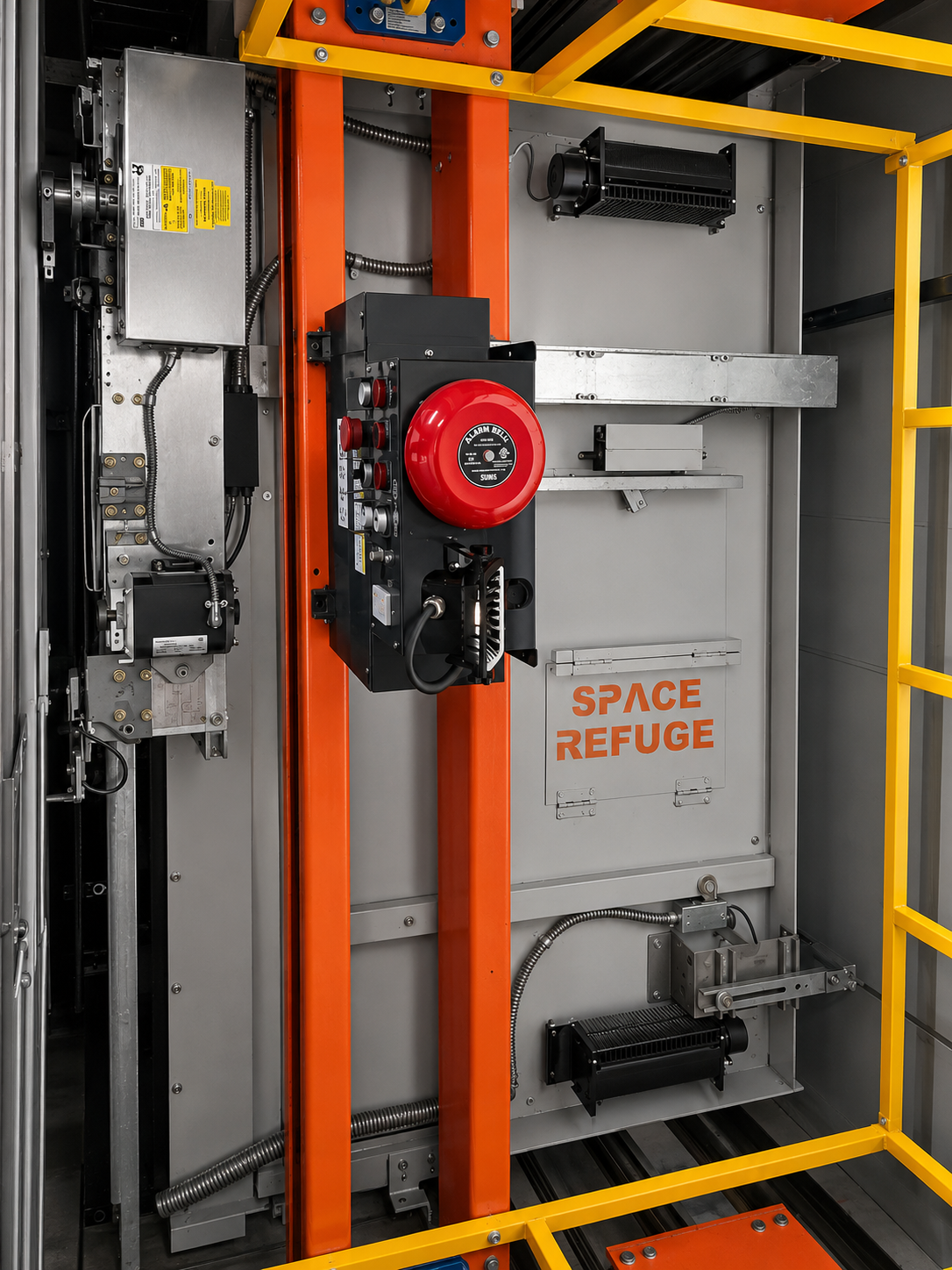 Elevator car top with alarm bell, orange rails and safe refuge space in the hoistway at Cristo Rey Miami