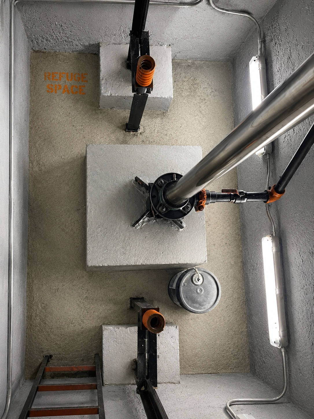 Elevator pit with hydraulic jack, buffers and refuge space at Chalet East Condominium in Hialeah