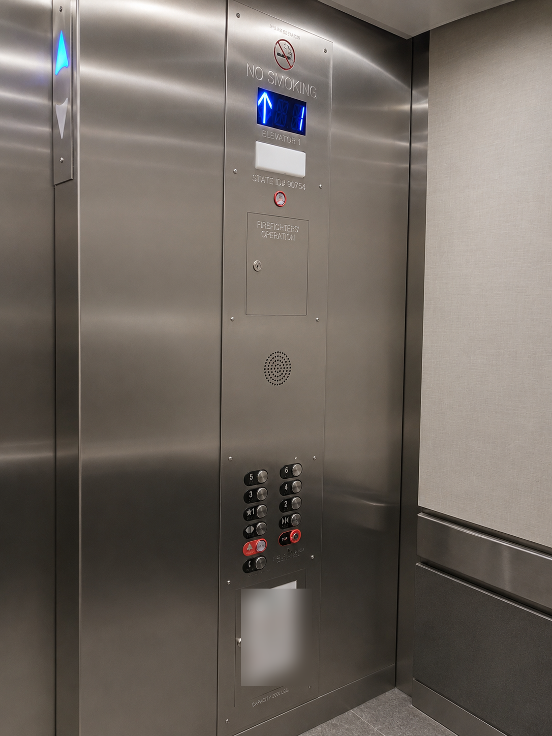 Stainless steel elevator car operating panel with position indicator and firefighters operation at Lake Condominium in Miami-Dade