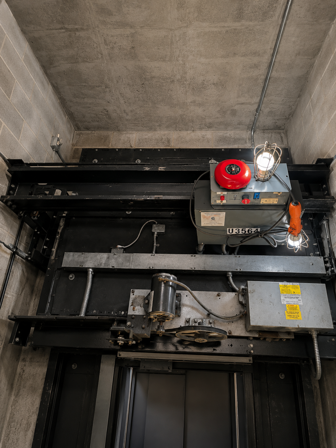Elevator machine and car top with red alarm bell, power unit and work lights at Lake Condominium in Miami-Dade