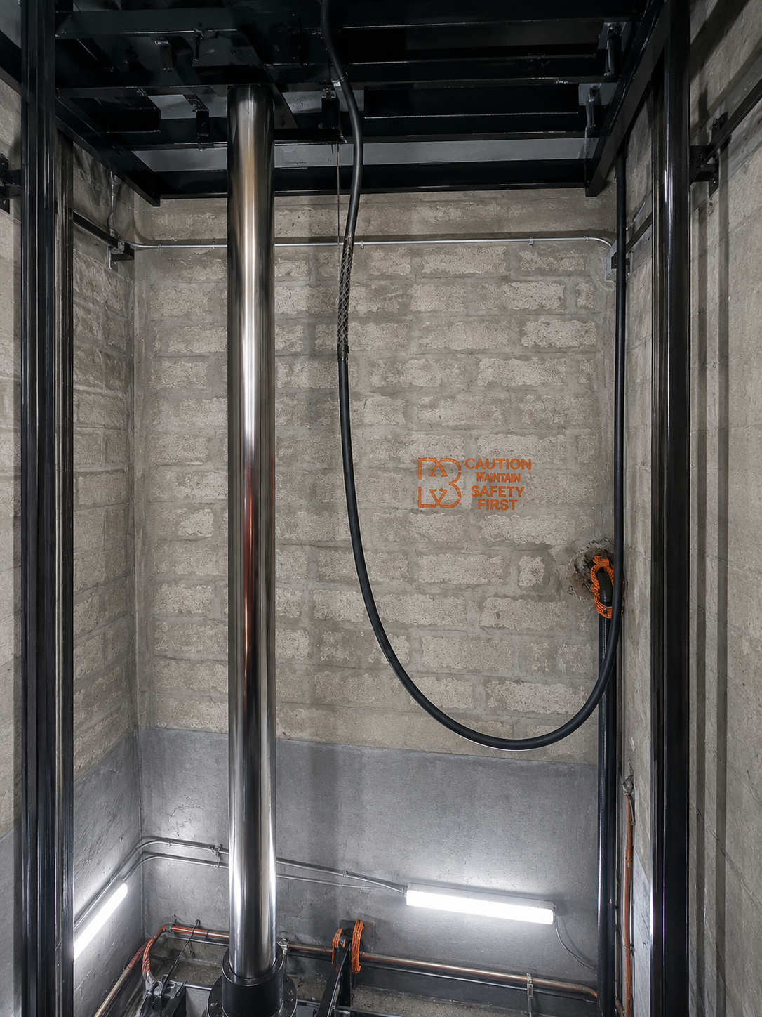 Elevator hoistway with chrome hydraulic jack rising through concrete block walls at Lake Condominium in Miami-Dade