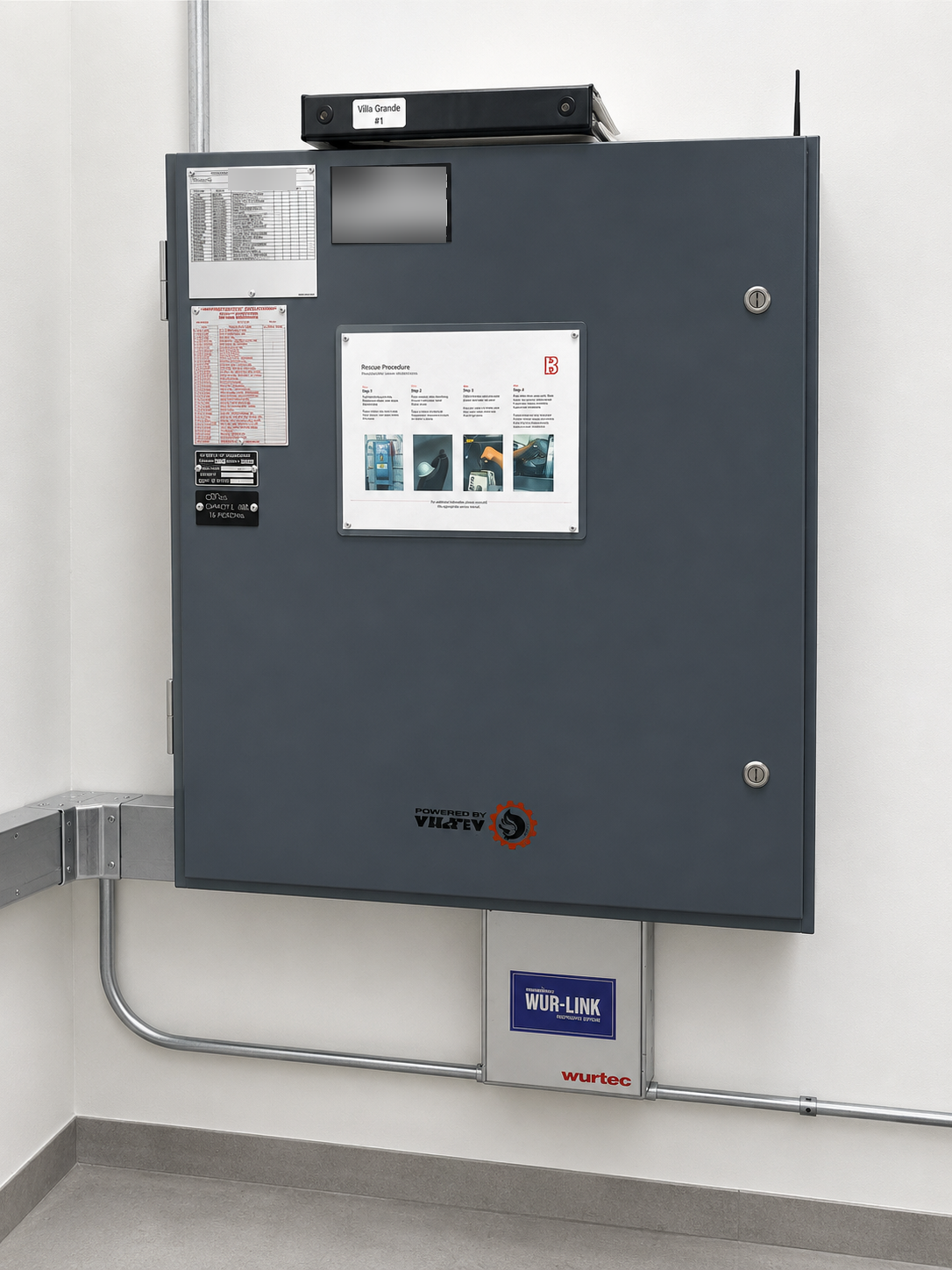 Villa Grande #1 elevator controller cabinet with WUR-LINK remote monitoring and Brouss rescue procedure