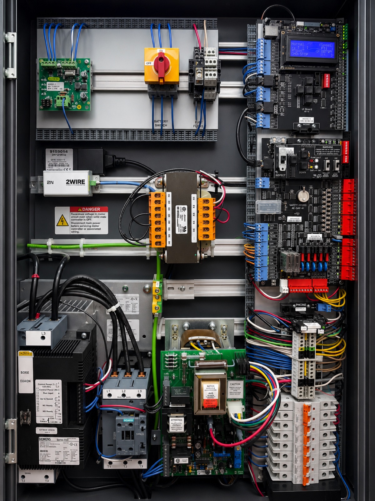 New elevator controller cabinet with Siemens drive, Safety Hydro board and 2N phone system at Flagler Wood in Miami