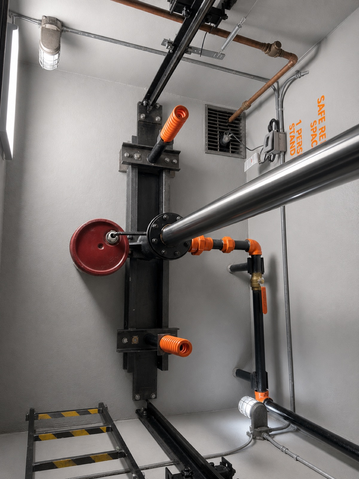 Hydraulic elevator jack, governor and buffers in the machine room at Sunset Office