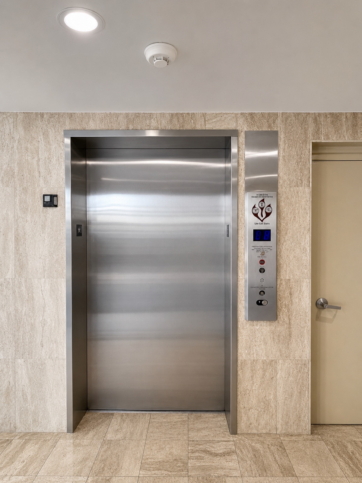 New stainless steel elevator entrance in a travertine tiled lobby at Univida Medical Center in Hialeah
