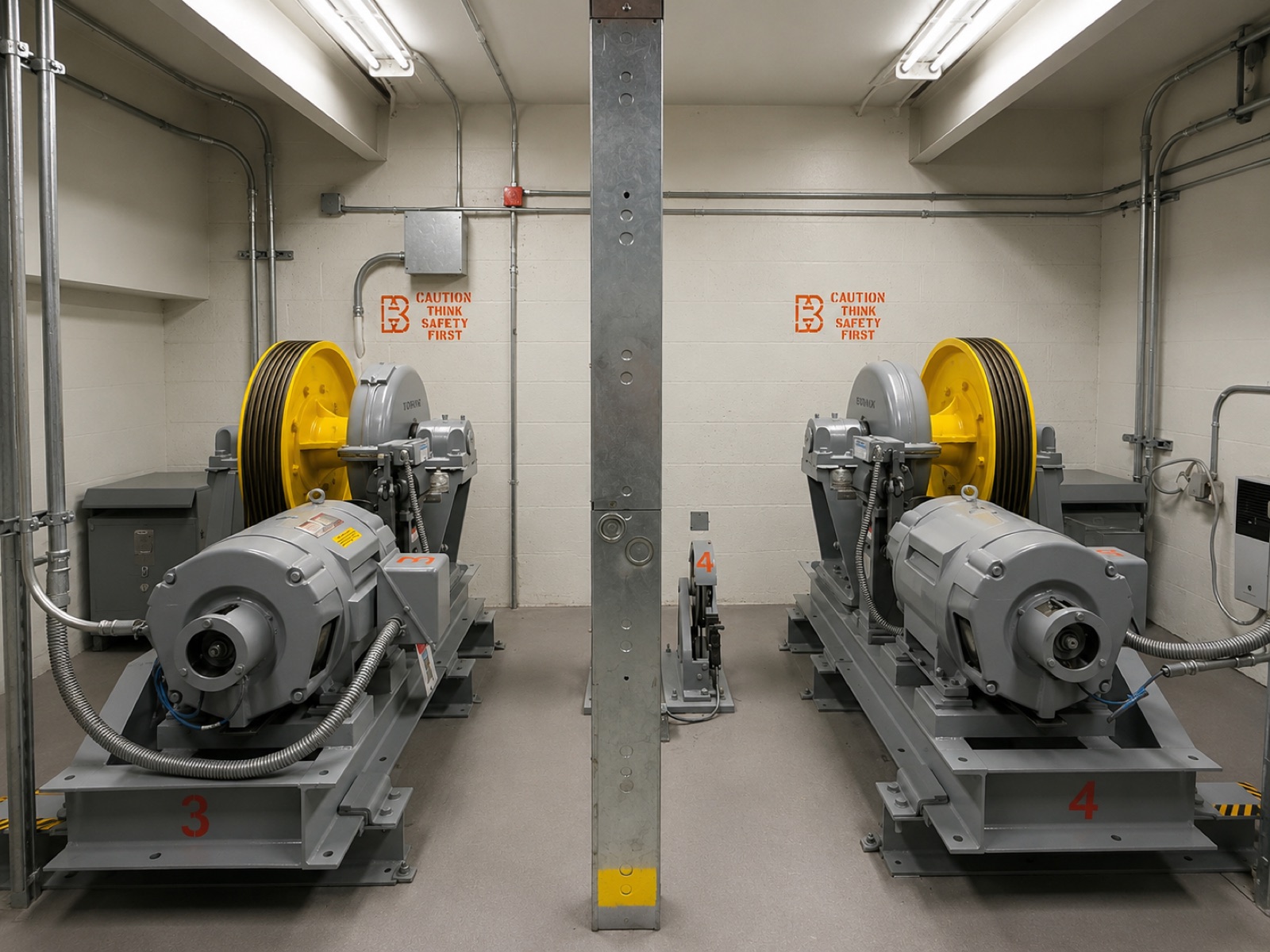 Two modernized traction elevator machines in the machine room at the School Board Administration Building