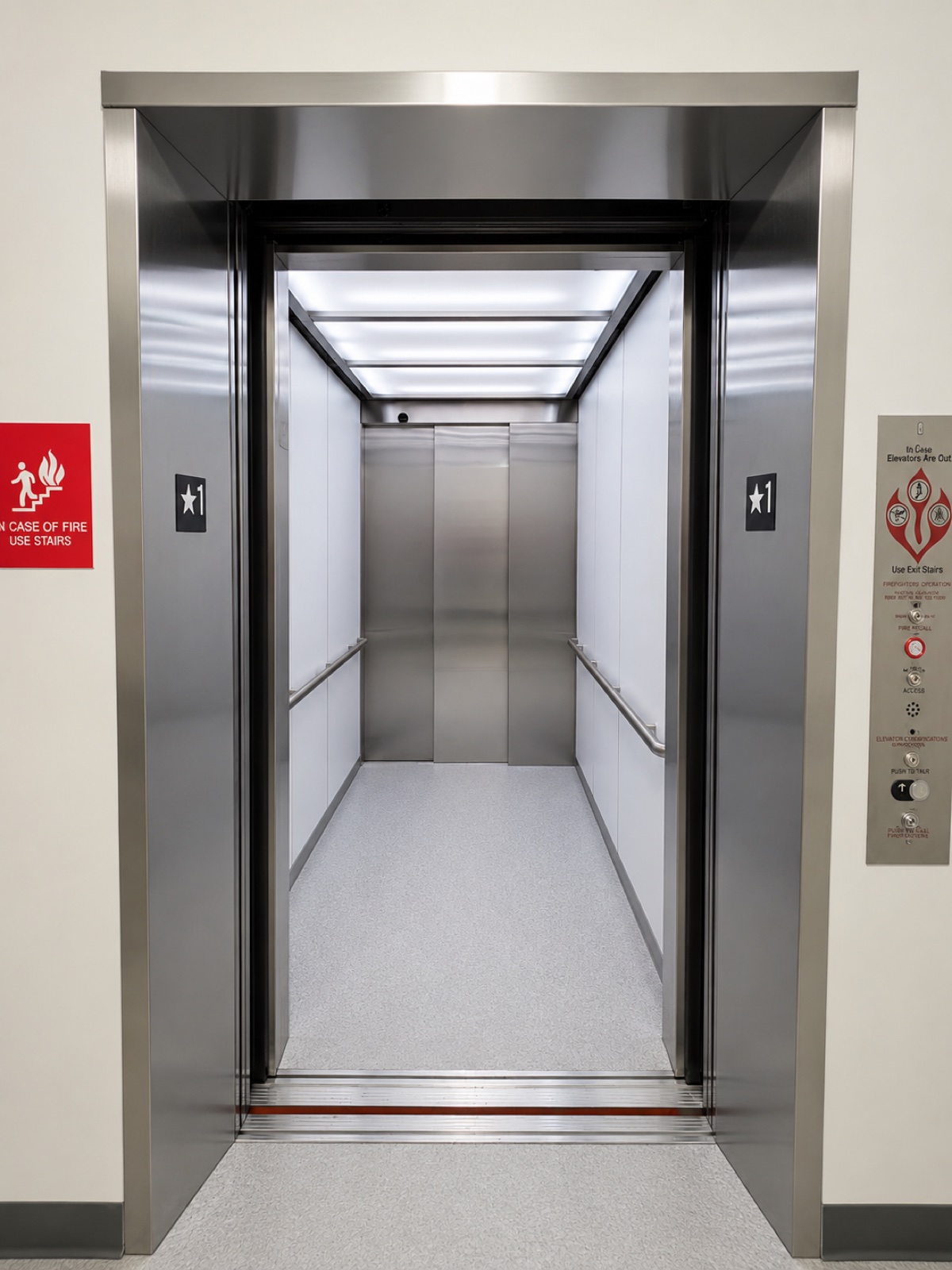 Finished elevator cabin with stainless steel walls, handrails and open doors at a Doral high school