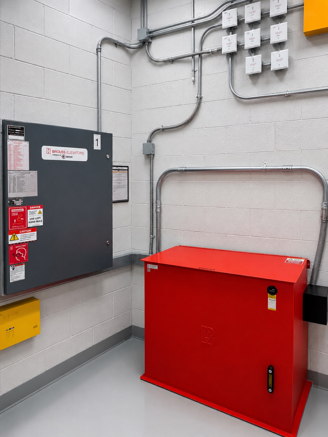 Machine room with the new elevator controller and Brouss hydraulic power unit at Ward Law Office Building