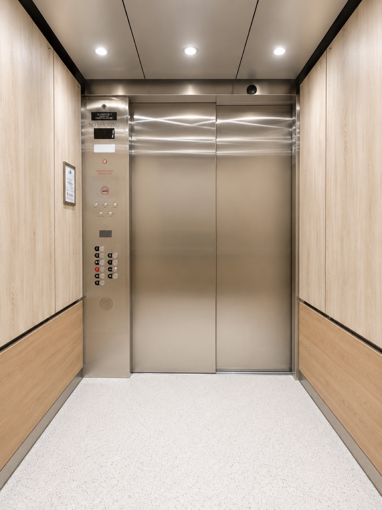 Modernized elevator cab looking toward the new stainless steel doors and car operating panel at Ward Law Office Building