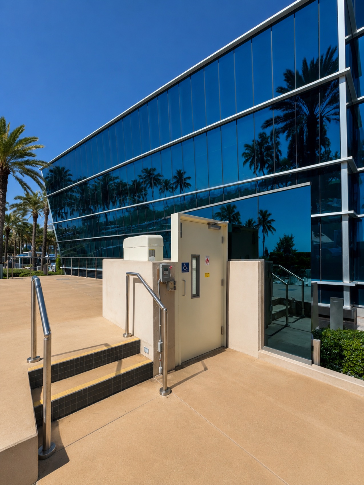 ADA wheelchair platform lift installed at a glass facade entrance of the Fontainebleau Miami Beach