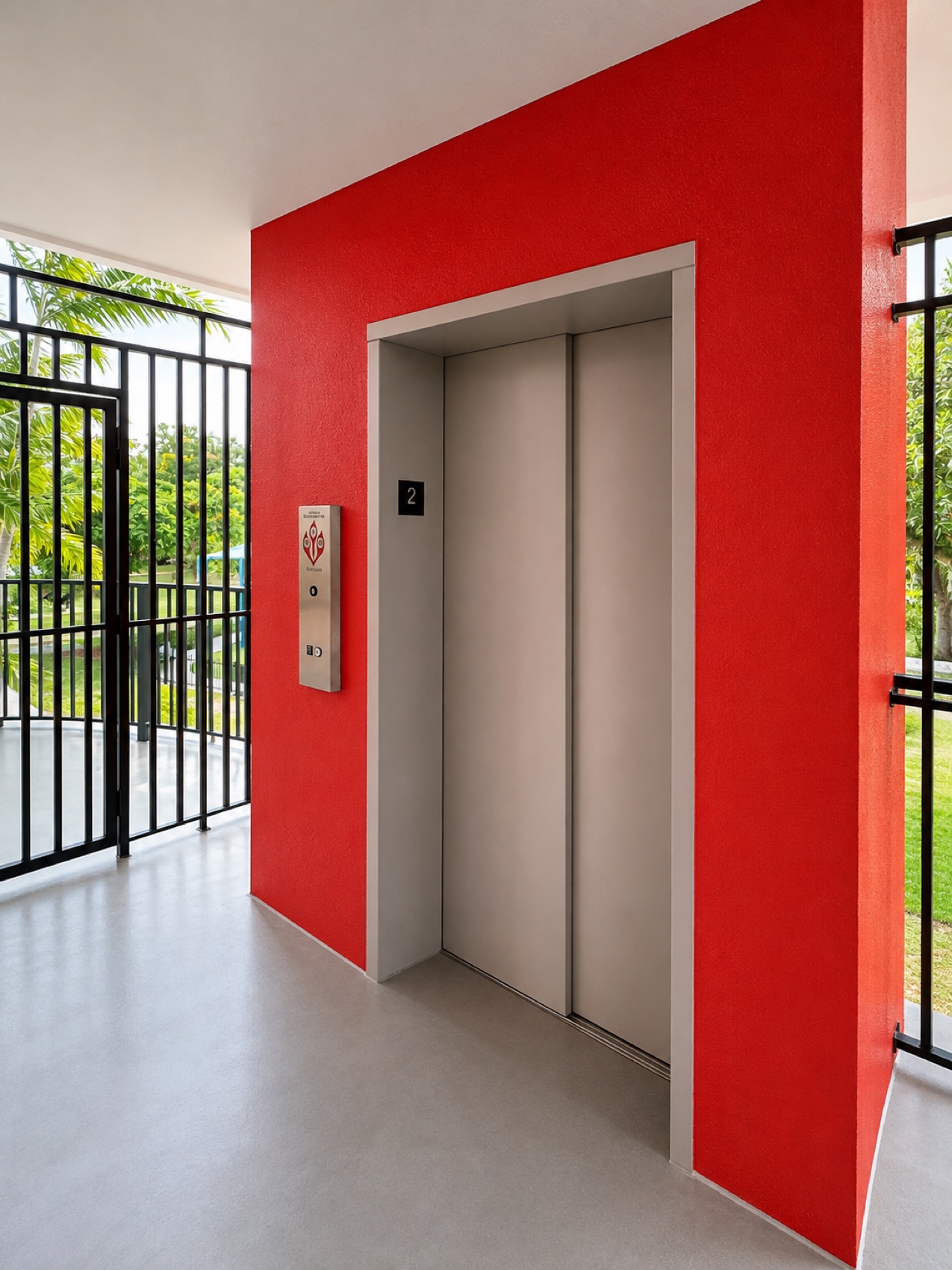 Second floor elevator landing with new stainless steel doors at the Little Haiti soccer stadium
