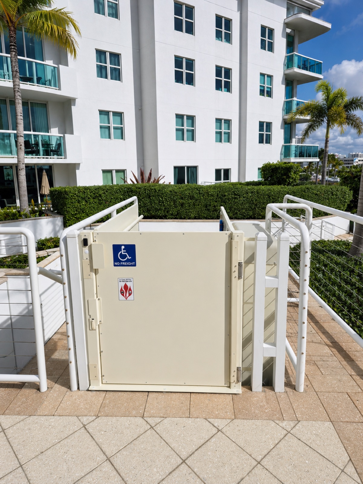 Manual gate at the second floor landing of the ADA platform lift at North Bay Village