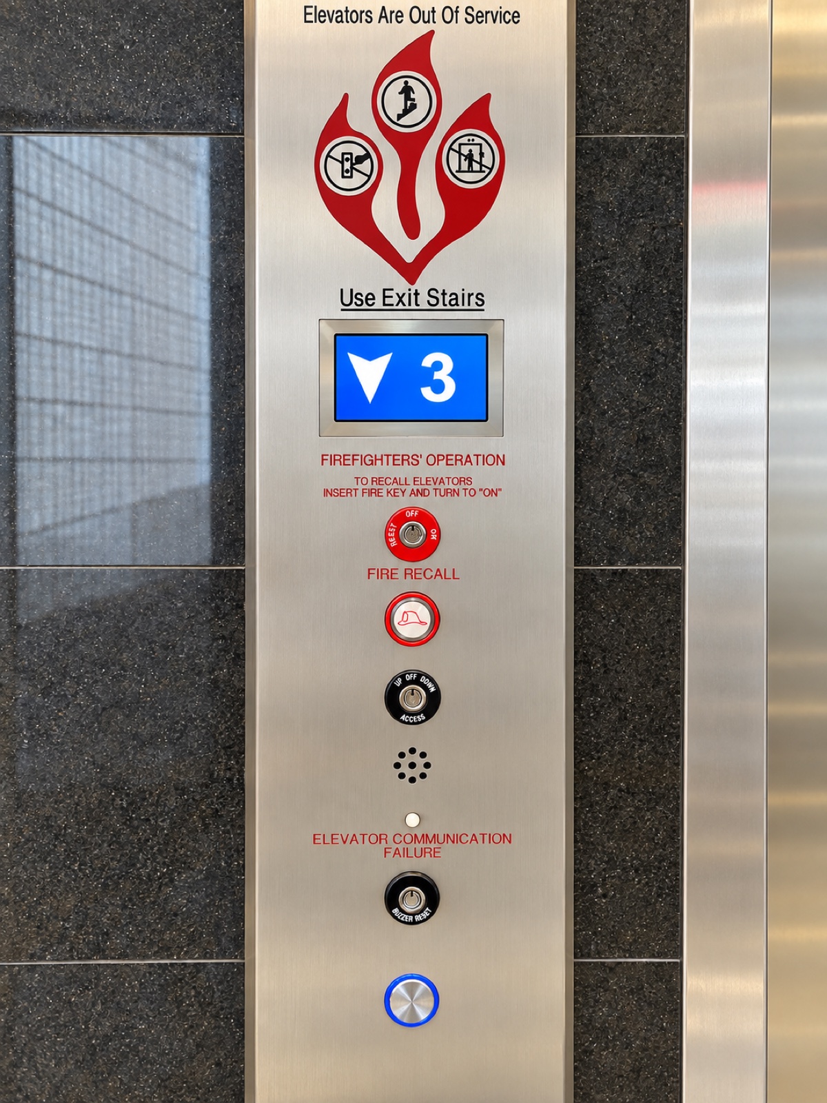 Stainless steel hall station at Milam 25 in Miami, with the position indicator, firefighters operation controls and fire recall key switch
