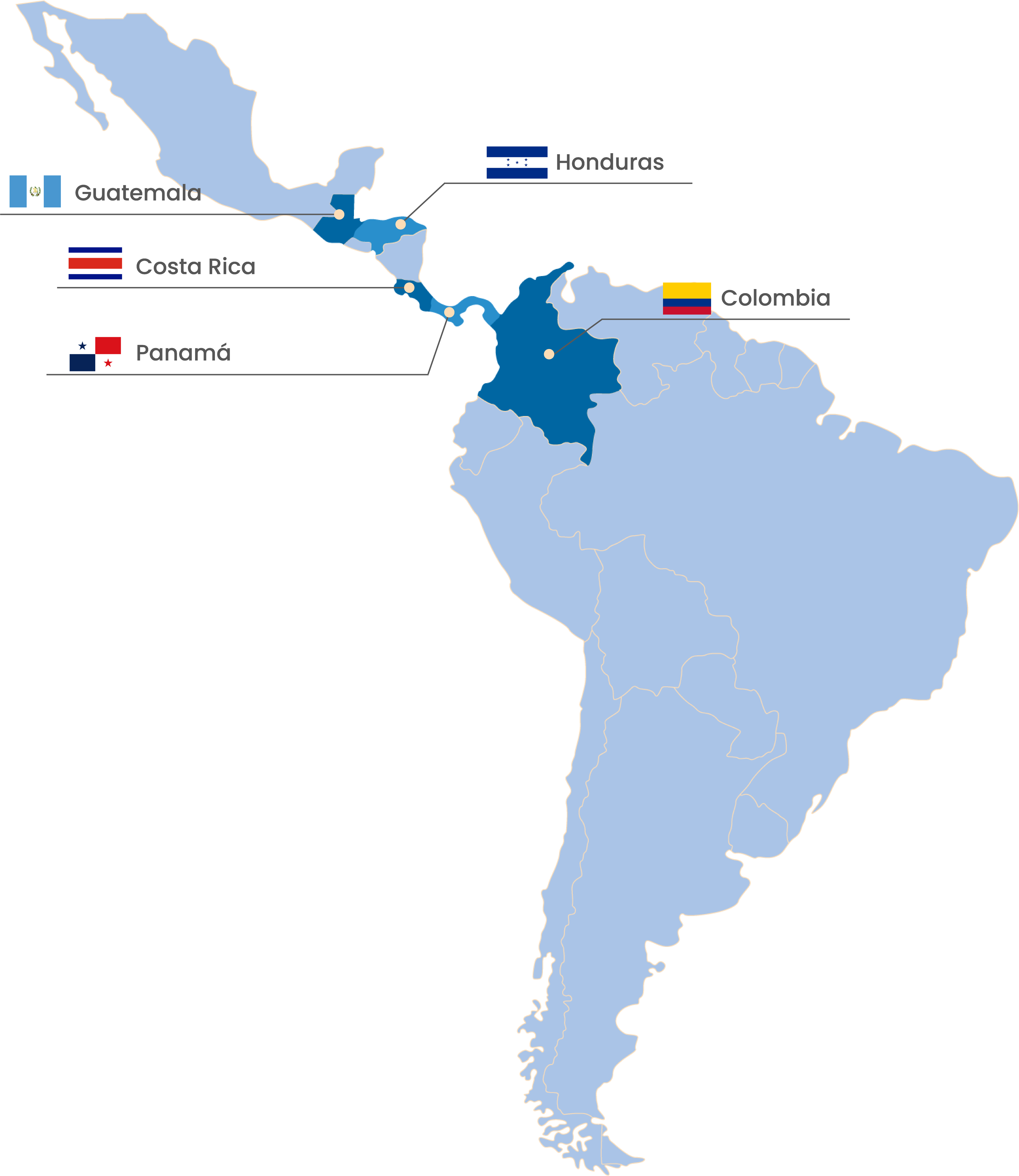 Mapa donde operamos, Colombia, Honduras, Guatemala, Panama, Costa Rica