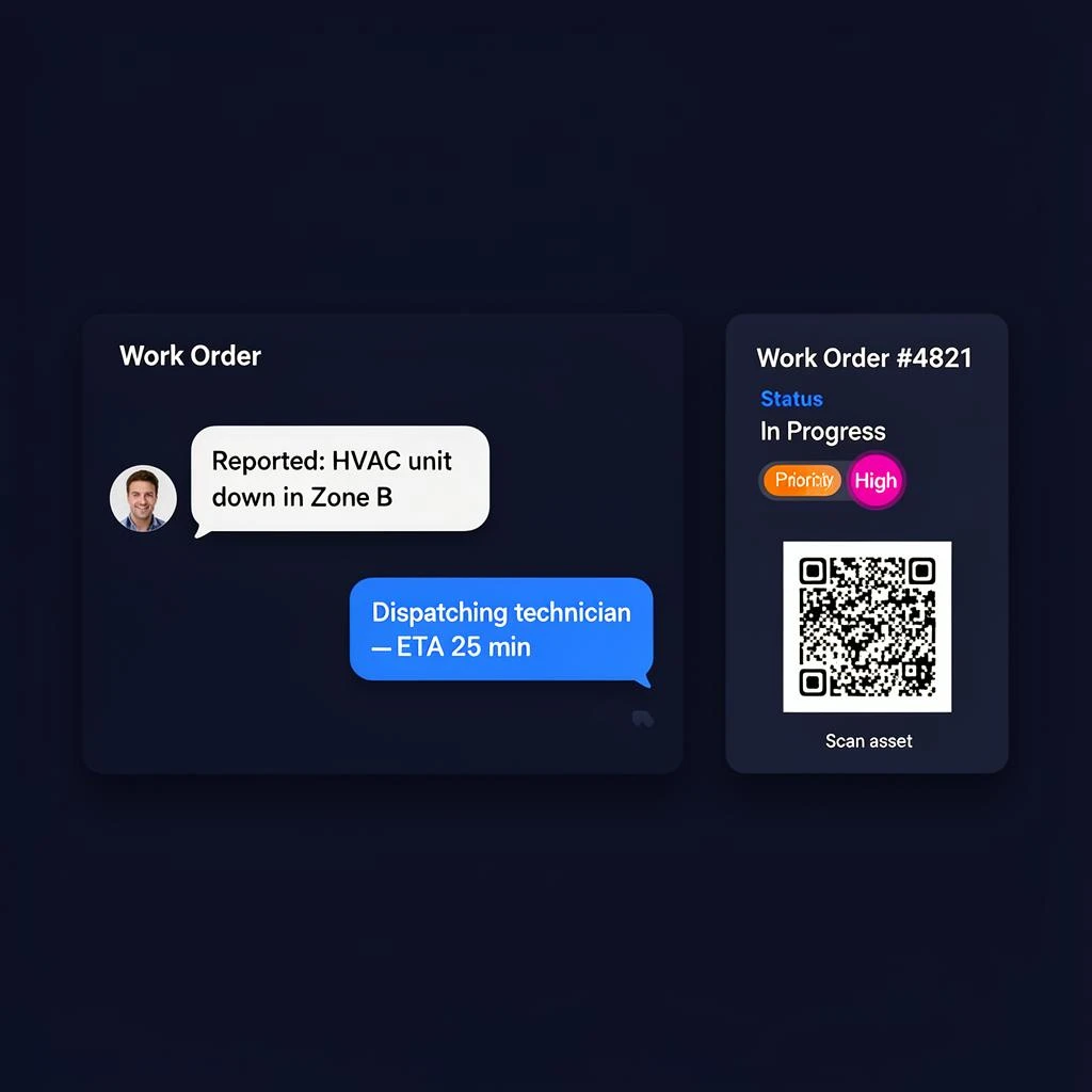 Facility work order with chat and asset QR scan